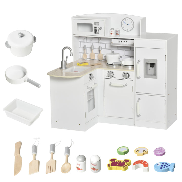 HOMCOM Kids Play Kitchen Wooden Toy Kitchen Cooking Set for Children with Drinking Fountain, Microwave, and Fridge White