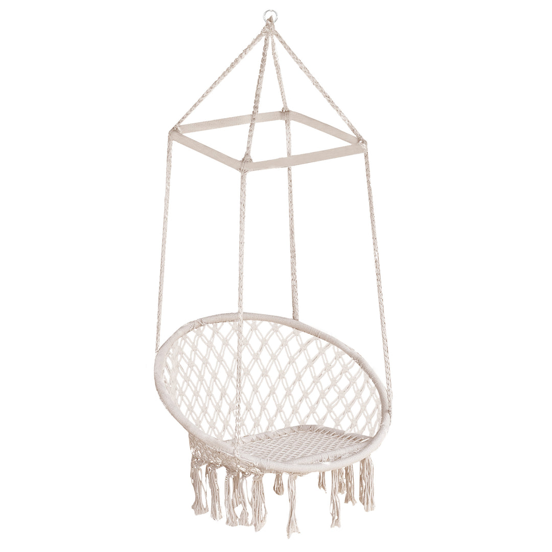 Hammock Macrame Swing Chair Hanging Seat Rope Tassels Indoor Outdoor Garden Solid Knitted Woven Net Seat Deck Porch Yard Beige