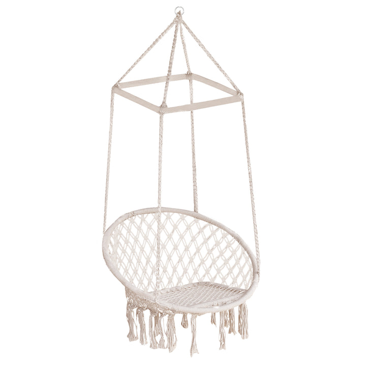 Hammock Macrame Swing Chair Hanging Seat Rope Tassels Indoor Outdoor Garden Solid Knitted Woven Net Seat Deck Porch Yard Beige