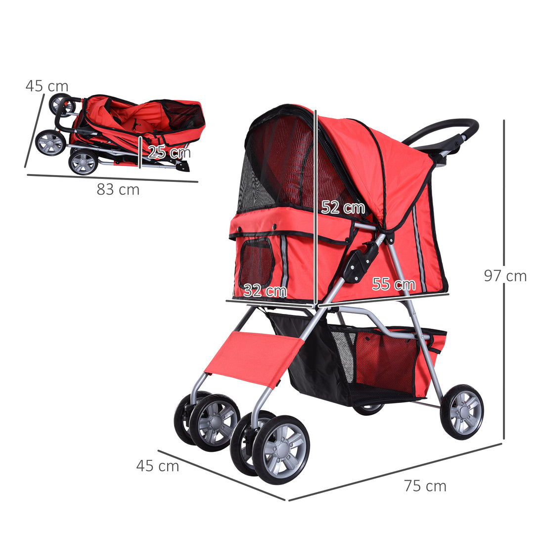 PawHut Pet Stroller Dog Pram Foldable Dog Pushchair Cat Travel Carriage w/ Wheels, Zipper Entry, for Small Pets, Red