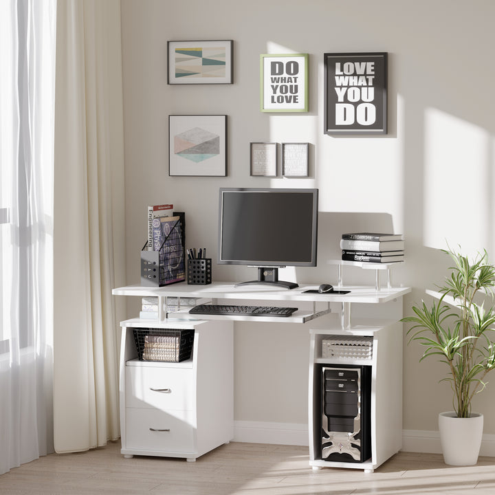 Computer Desk Office PC Table Workstation Gaming Study with Keyboard Tray, CPU Shelf, Wooden, Drawers, Sliding Scanner Shelf, White