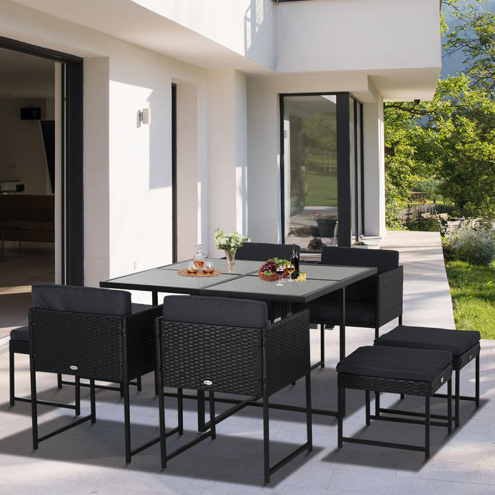 8-Seater Rattan Dining Cube Set Outdoor Patio Furniture PE Rattan Wicker Dining Set w/ 4 Armchair,4 Foot Stool,Grey Cushion