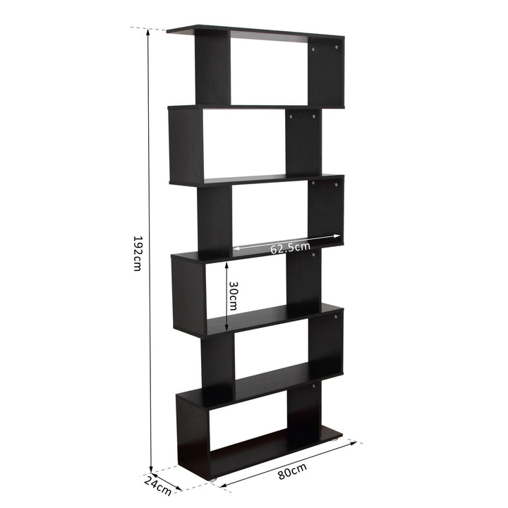 S Shape Wooden 6-tier Bookshelf Open Concept Bookcase Storage Display Unit for Home Office Living Room, Black
