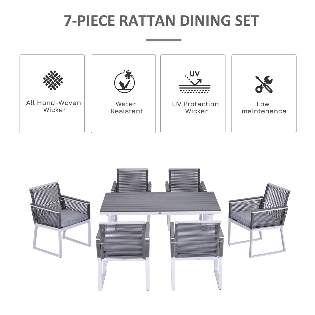 6-Seater Garden Dining Set w/ PE Rattan Cushioned Chairs and Rectangle Table, Box-shaped Frames, Grey