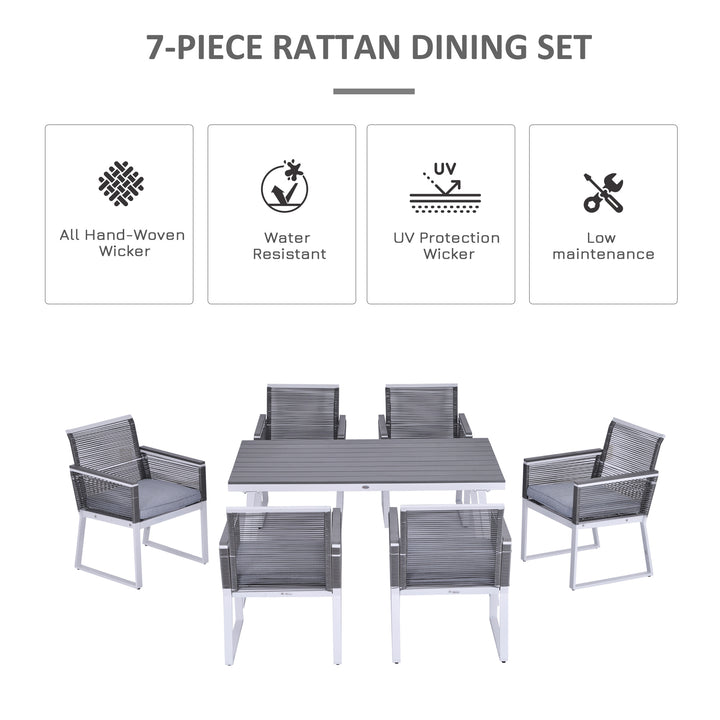 6-Seater Garden Dining Set w/ PE Rattan Cushioned Chairs and Rectangle Table, Box-shaped Frames, Grey