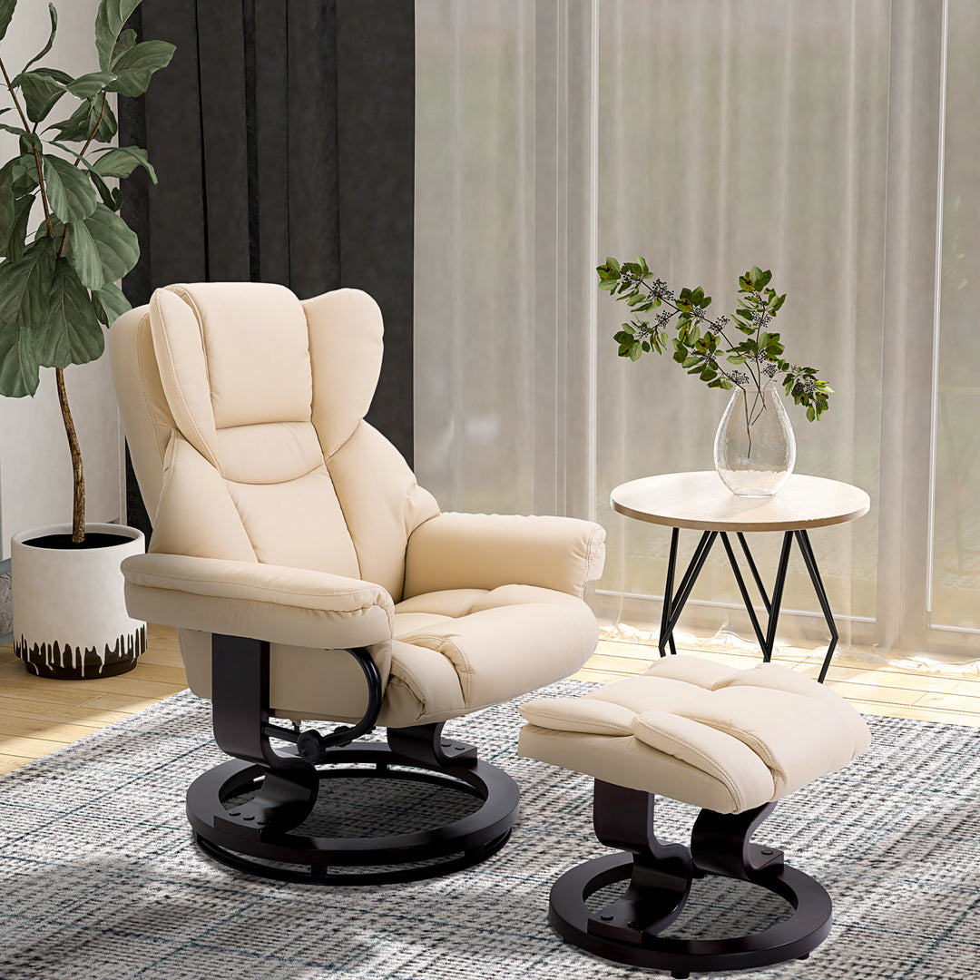 Reclining Swivel Armchair Footstool Set Sofa Padded PU Leather Relaxing Manual Duo Metal Frame Bentwood Base Cream