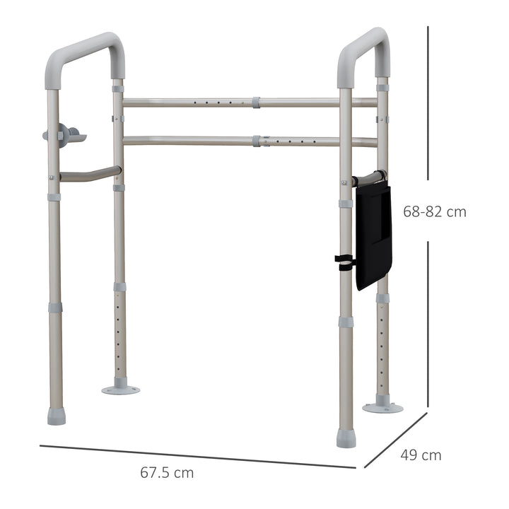 Free Standing Toilet Frame, Height and Width Adjustable Toilet Safety Frame with Arms, 2 Additional Suction Cups, Storage for Elderly, Senior, Disabled, Handrail Grab Bar, 136kg Weight Capacity