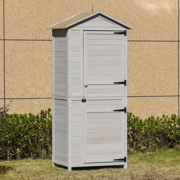Garden Shed Outdoor Wooden Garden Cabinet 4-Tier Storage Shed 3 Shelves Lockable Organizer with Handle Tin Roof Magnetic Latch Foot Pad