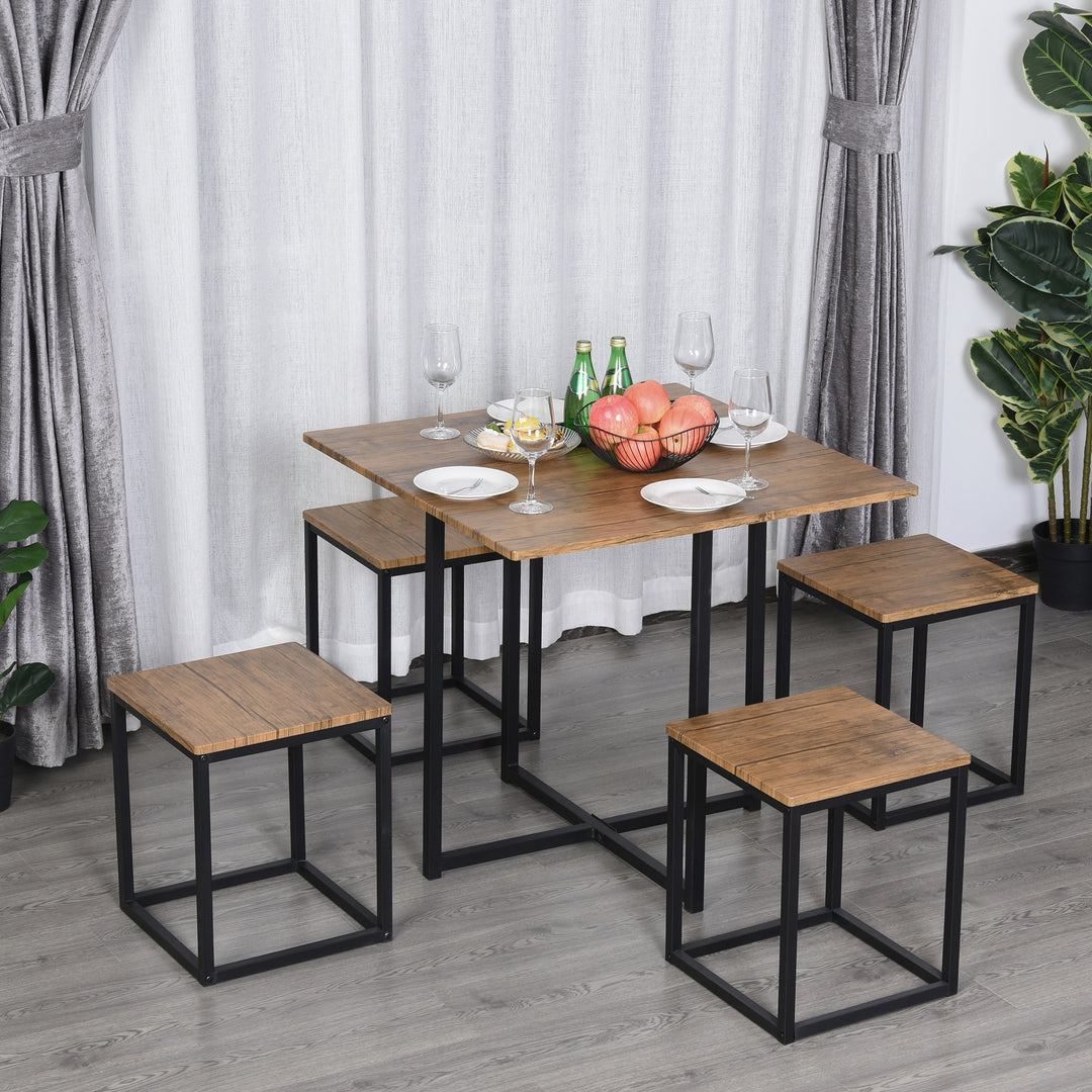 5 PCS Industrial Table & Stool Set w/ Metal Frame Home Dining Stylish Square Compact Seating Chair Beautiful Cool Black Brown