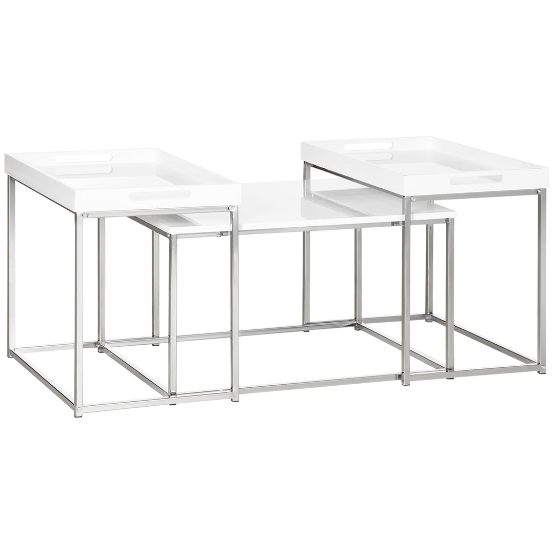 Coffee Table Set of 3, Modern Nest of Tables with Steel Frame and High Gloss Effect for Living Room, White