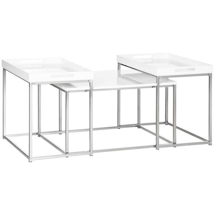 Coffee Table Set of 3, Modern Nest of Tables with Steel Frame and High Gloss Effect for Living Room, White