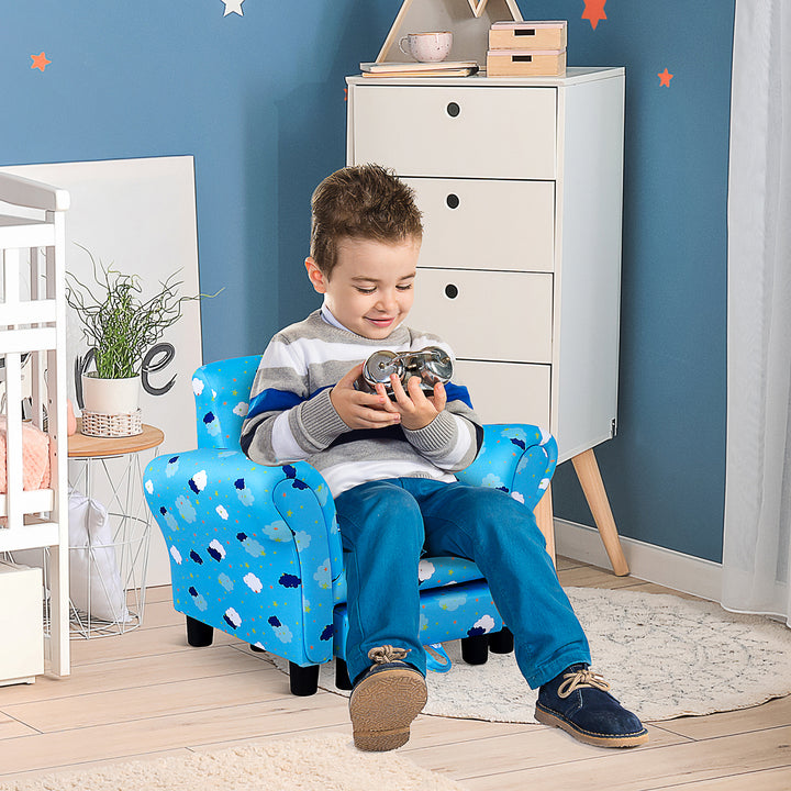 Kids Children Armchair Mini Sofa Wood Frame w/ Footrest Anti-Slip Legs High Back Arms Bedroom Playroom Furniture Cute Cloud Star Blue
