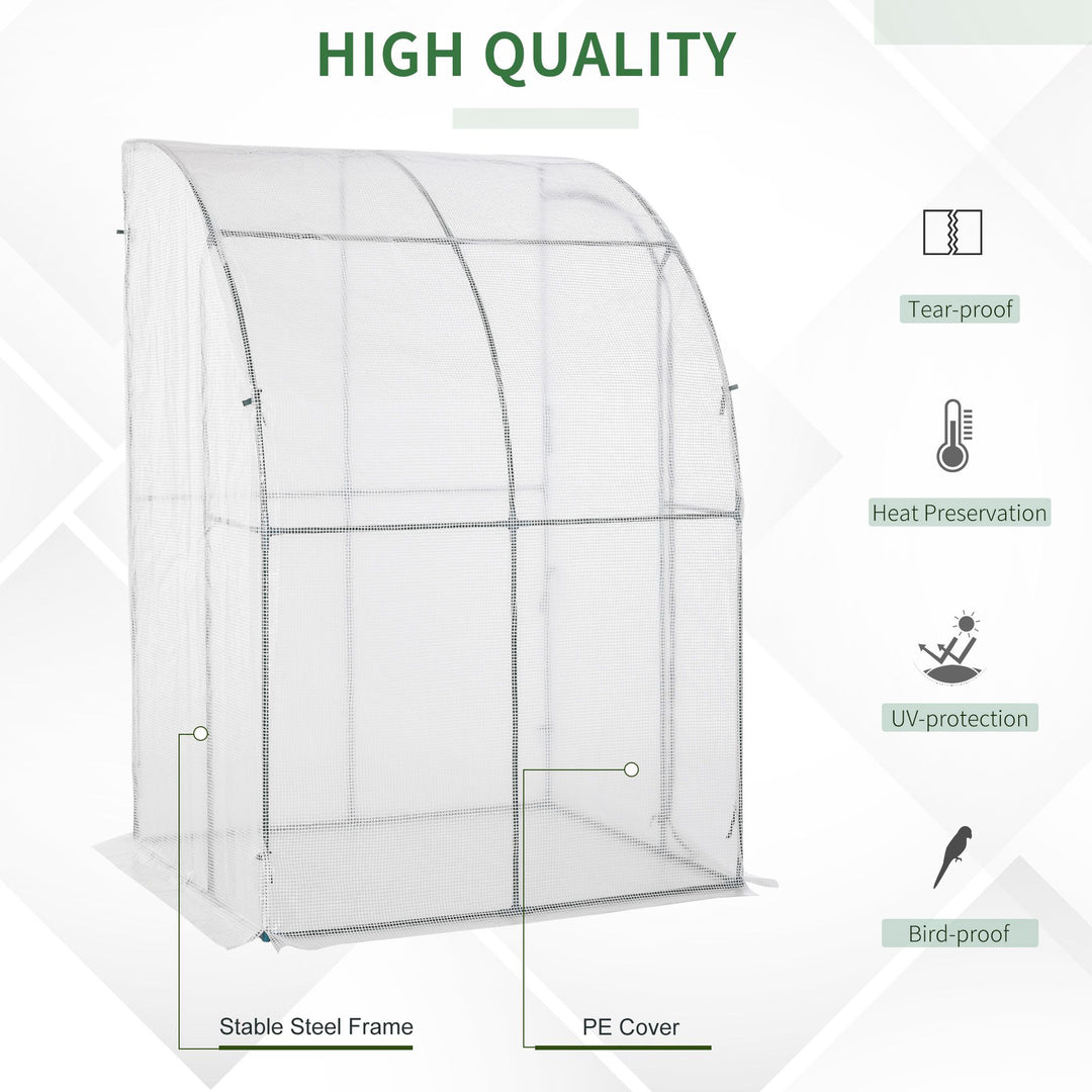 Outsunny Outdoor Walk-In Lean to Wall Greenhouse with Zippered Roll Up Door and PE Cover, 143L x 118W x 212Hcm, White