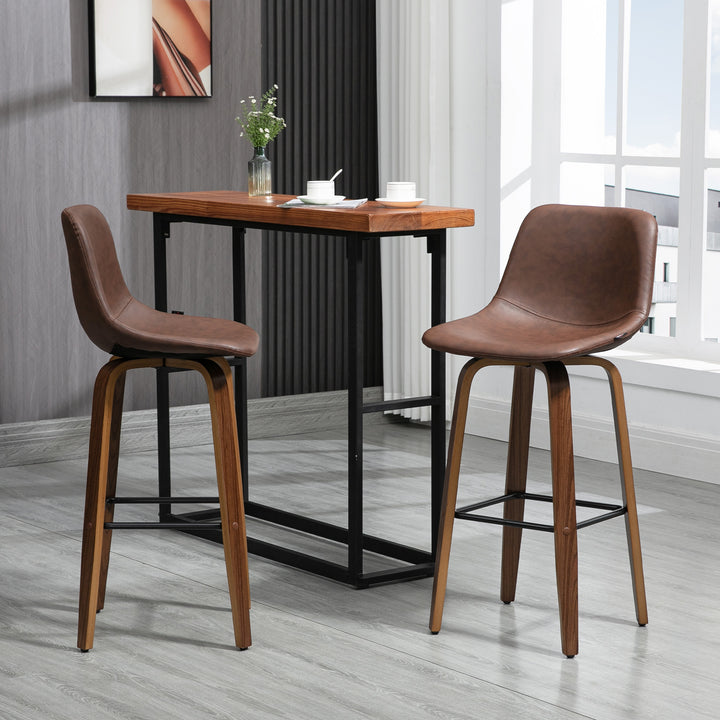 HOMCOM Bar Stools Set of 2, Breakfast Bar Chairs, PU Leather Upholstered Kitchen Stools w/ Backs, Wood Legs for 89-99cm Bar Table, Brown