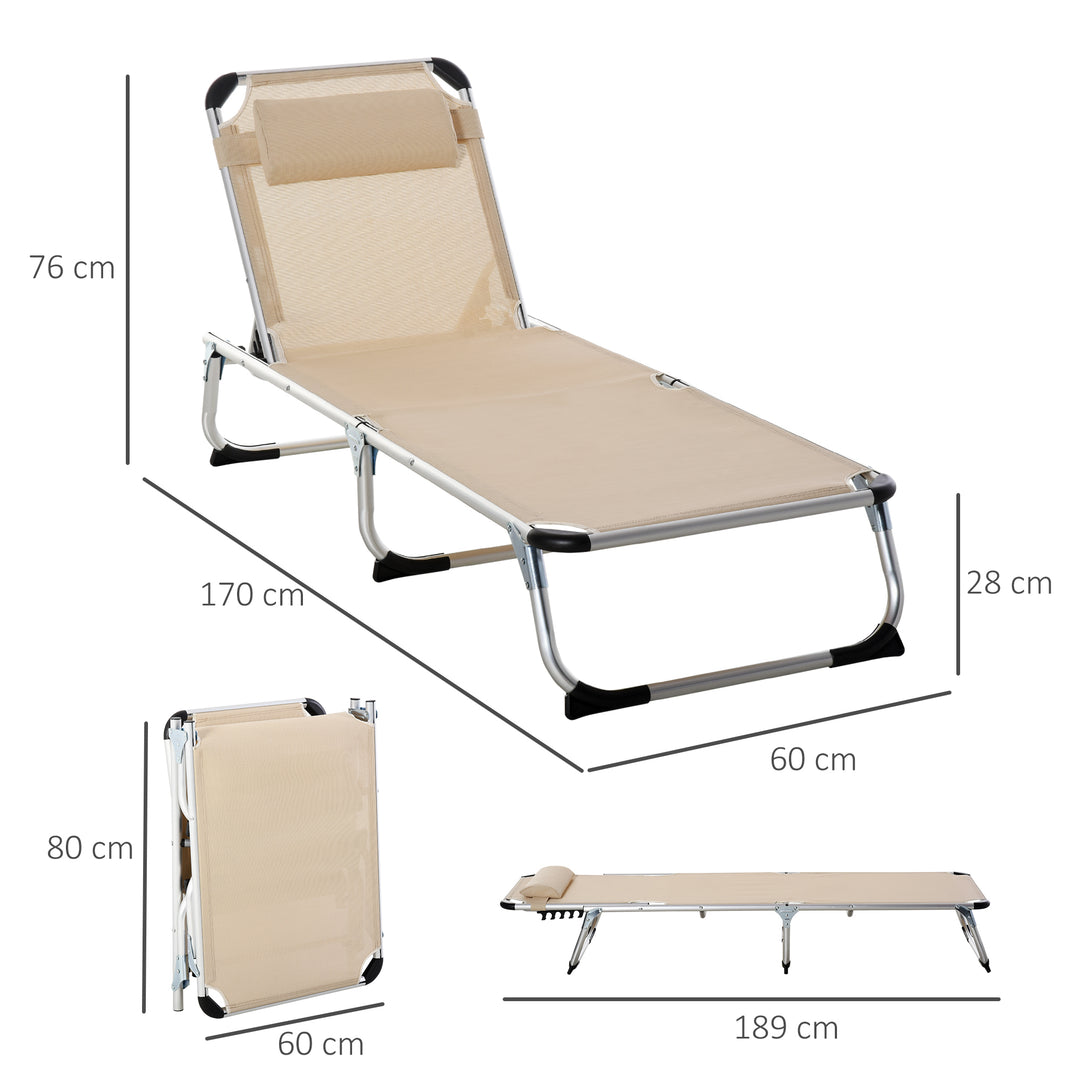 Outsunny 2 Pieces Foldable Sun Lounger with Pillow, 5-Level Adjustable Reclining Lounge Chair, Aluminium Frame Camping Bed Cot, Khaki