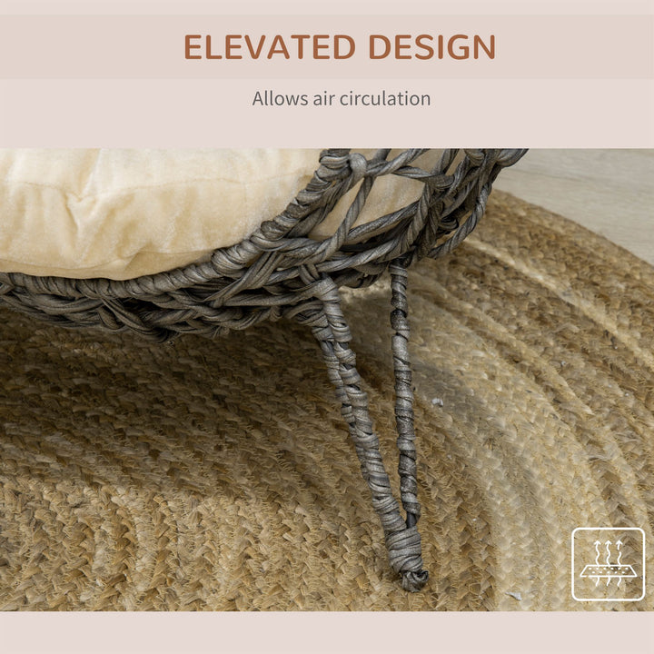 Woven Rattan Elevated Cat Bed House Kitten Pussy Basket Ball Shaped Pet Furniture w/ Removable Cushion Natural 52 x 52 x 58 cm, Silver Grey