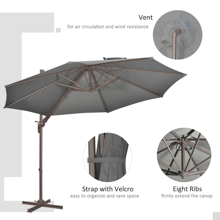 3(m) Cantilever Parasol 360° Rotation Roma Umbrella Hanging Sun Shade with Aluminum Frame, Tilt Crank, 8 Ribs and Cross Base, Dark Grey