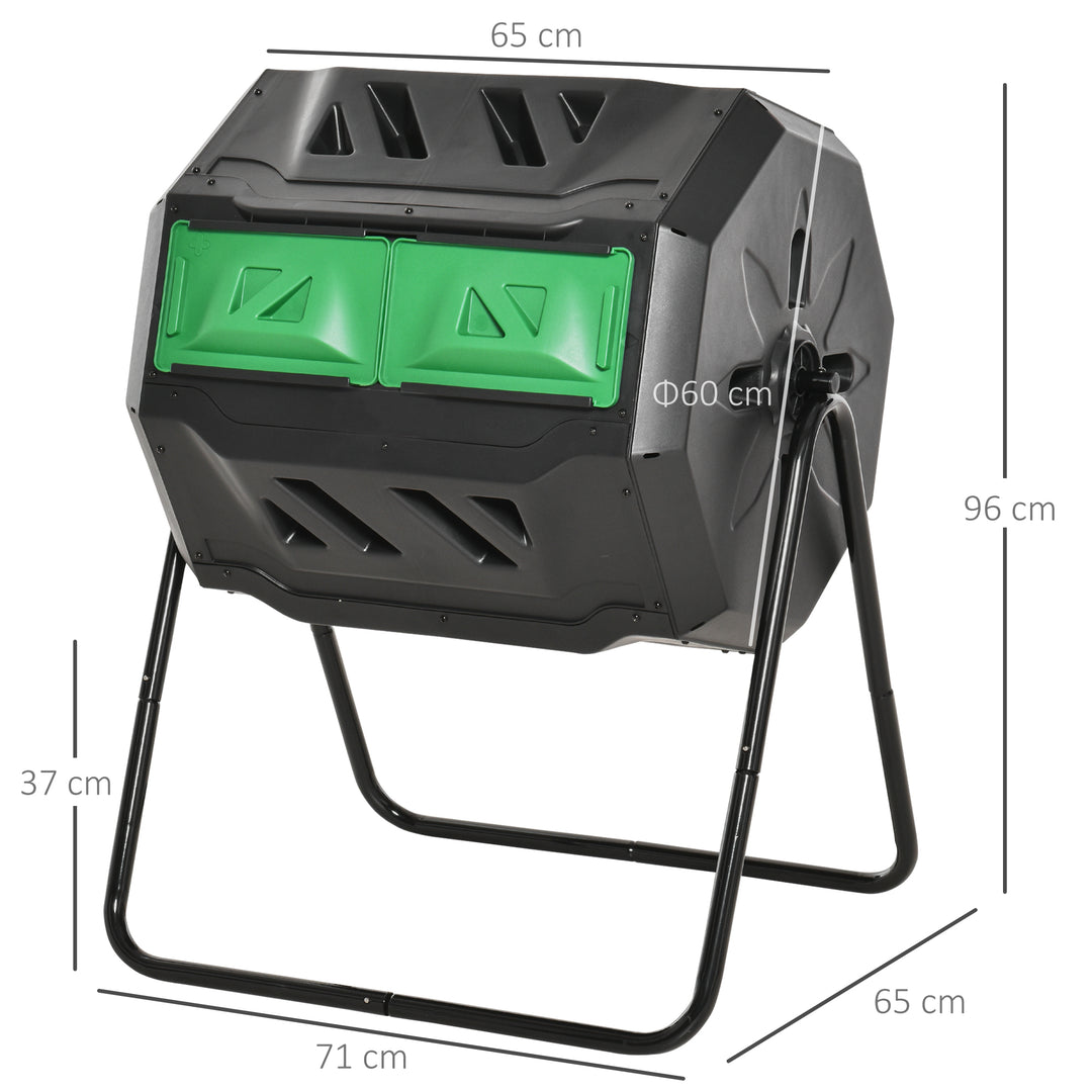 160L Tumbling Compost Bin Outdoor Dual Chamber 360° Rotating Composter w/ Sliding Doors & Solid Steel Frame, Black