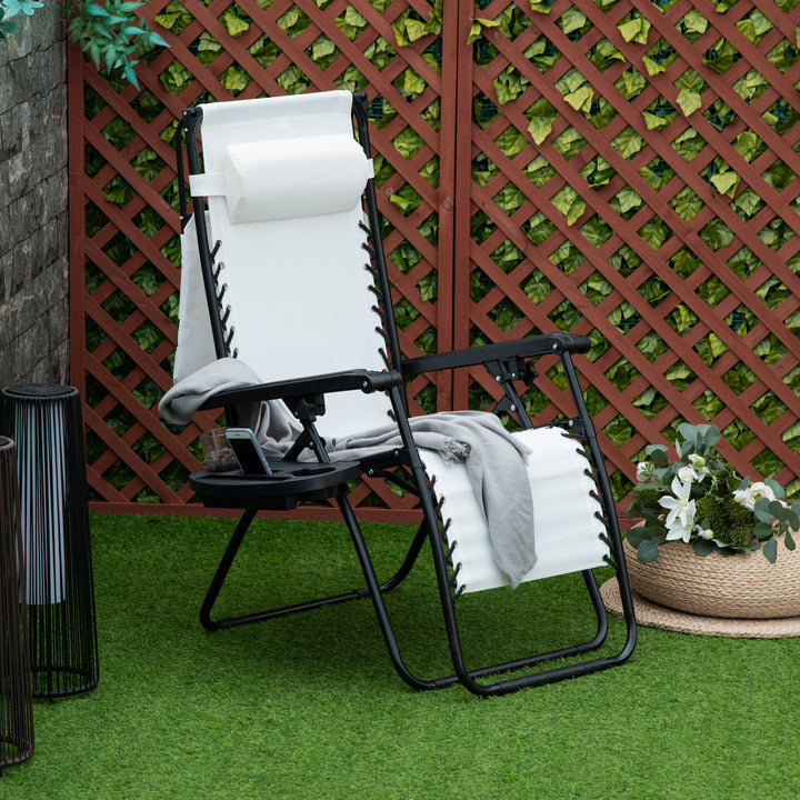 Outsunny Zero Gravity Garden Deck Folding Chair Patio Sun Lounger Reclining Seat with Cup Holder & Canopy Shade - White