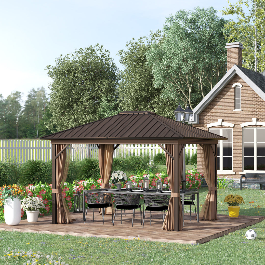 Outsunny 3.6 x 3(m) Outdoor Hardtop Gazebo Metal Roof Patio Gazebo with Aluminum Frame, Mesh Nettings, Curtains, &amp; Roomy Interior Space, Brown