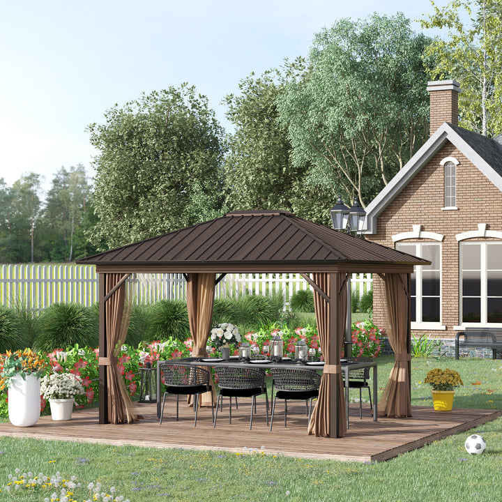 Outsunny 3.6 x 3(m) Outdoor Hardtop Gazebo Metal Roof Patio Gazebo with Aluminum Frame, Mesh Nettings, Curtains, &amp; Roomy Interior Space, Brown