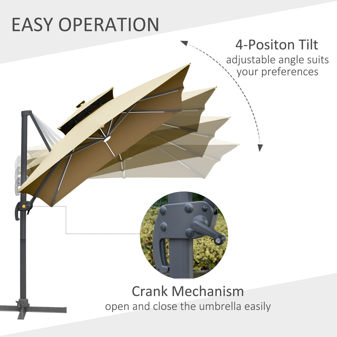 Outsunny 3m Cantilever Roma Parasol Adjustable Garden Sun Umbrella with Solar LED,  Tilt and Crank Handle, Cross Base for Lawn, Khaki