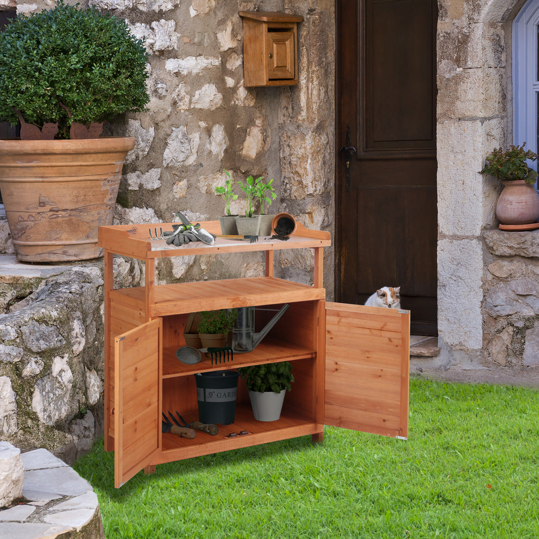 Multi-function Potting Bench Table w/ Storage Cabinet and Galvanized Table Top, Wooden Planting Workstation, 98cm x 47cm x 105cm