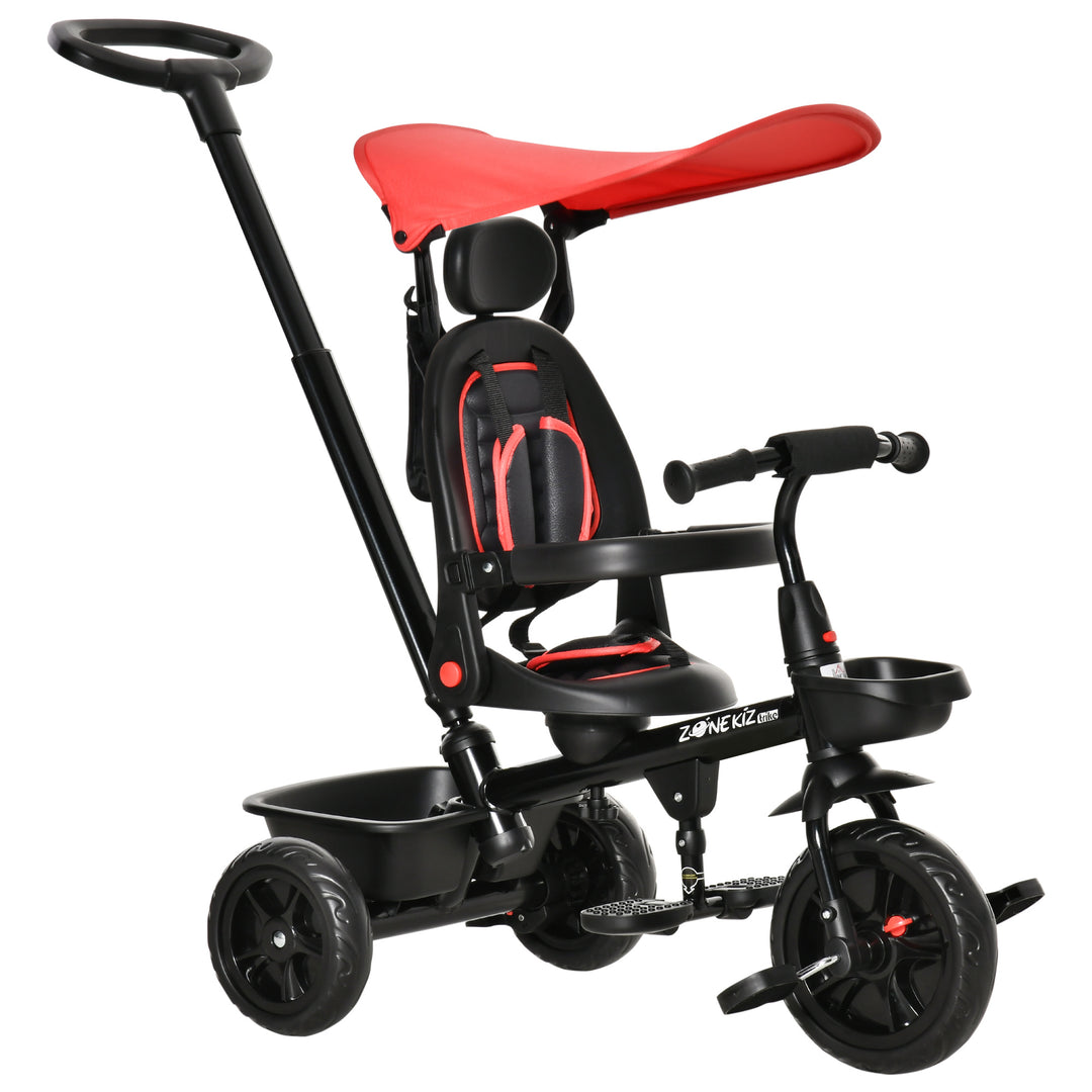 4 in 1 Baby Tricycle Toddler Stroller Foldable Pedal Tricycle w/ Reversible Angle Adjustable Seat Removable Handle Canopy Handrail Belt-Red