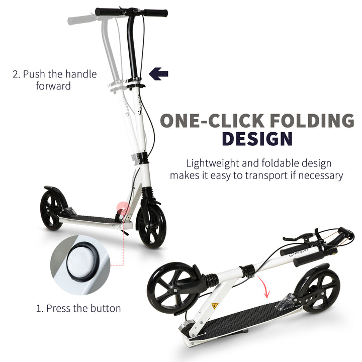 One-click Folding Kick Scooter for 14+ w/ Adjustable Handlebar, Push Scooter with Kickstand, Dual Brake System, Shock Absorber, White