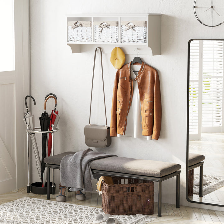 Entryway Coat Rack Wall Mounted Shelf w/Wicker Basket and Hooks (3 Baskets, White)
