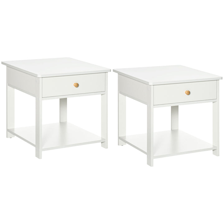 Bedside Table with Drawer and Bottom Shelf, Square Side End Table for Bedroom, Living Room, White, Set of 2