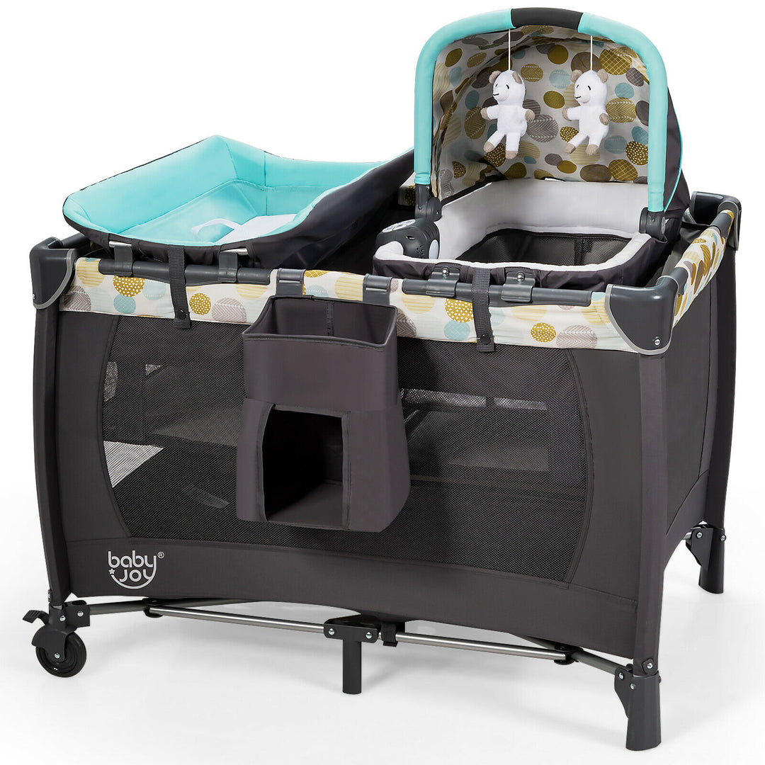 5-in-1 Folding Baby Playard with Removable Bassinet and Changing Table-Blue
