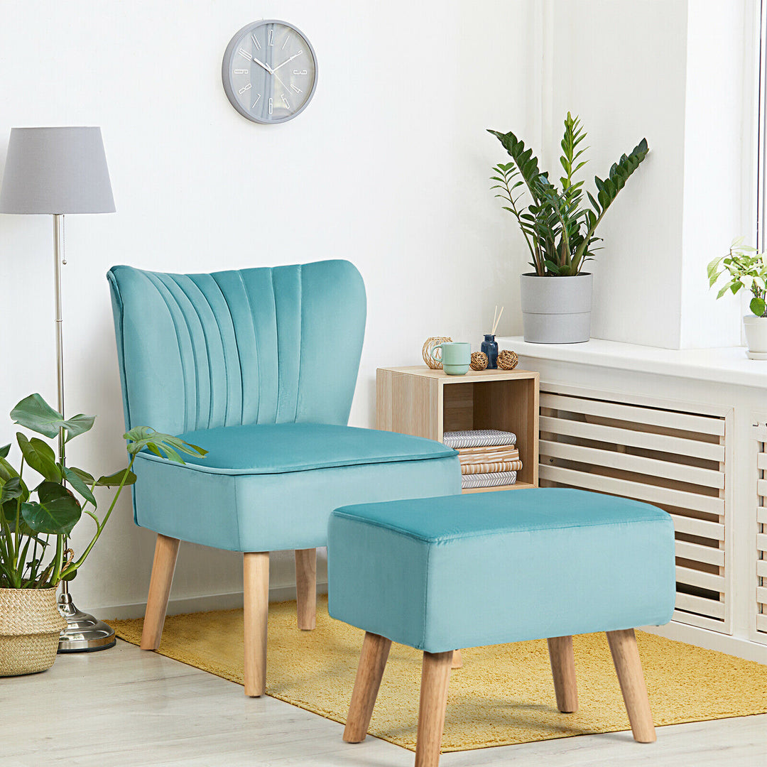 Soft Velvet Accent Chair with Oyster Shaped Back and Ottoman-Green