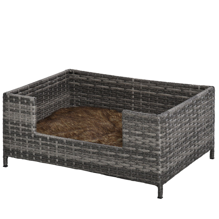PawHut Rattan Dog Cat Bed Four Feet Pet House Hand-knitted Metal Small Animal Sofa Rattan with Soft Machine Washable Cushion White-gray