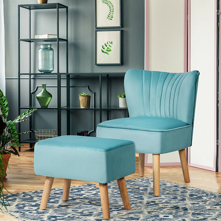 Soft Velvet Accent Chair with Oyster Shaped Back and Ottoman-Green