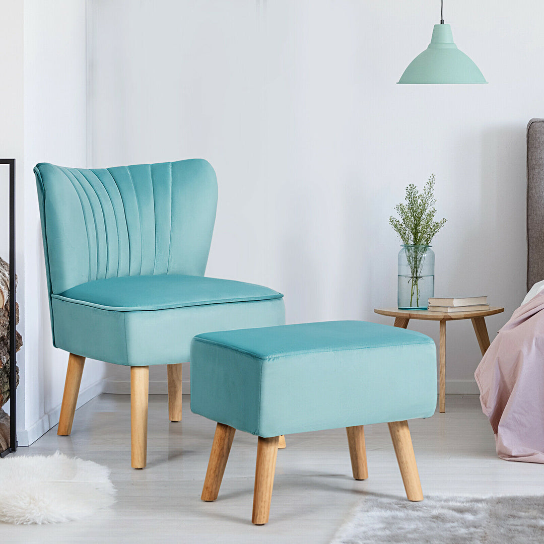 Soft Velvet Accent Chair with Oyster Shaped Back and Ottoman-Green