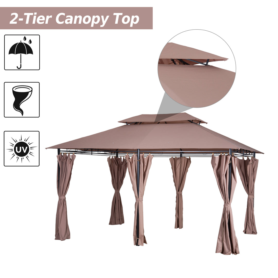 4m x 3(m) Metal Gazebo Canopy Party Tent Garden Pavillion Patio Shelter Pavilion with Curtains Sidewalls Brown