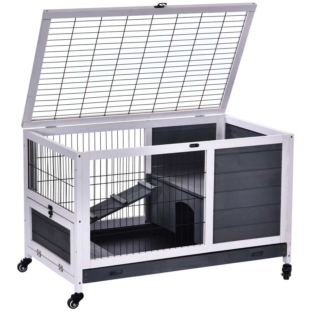 PawHut Rabbits Indoor Fir Wood Lift-Top Hutch Grey