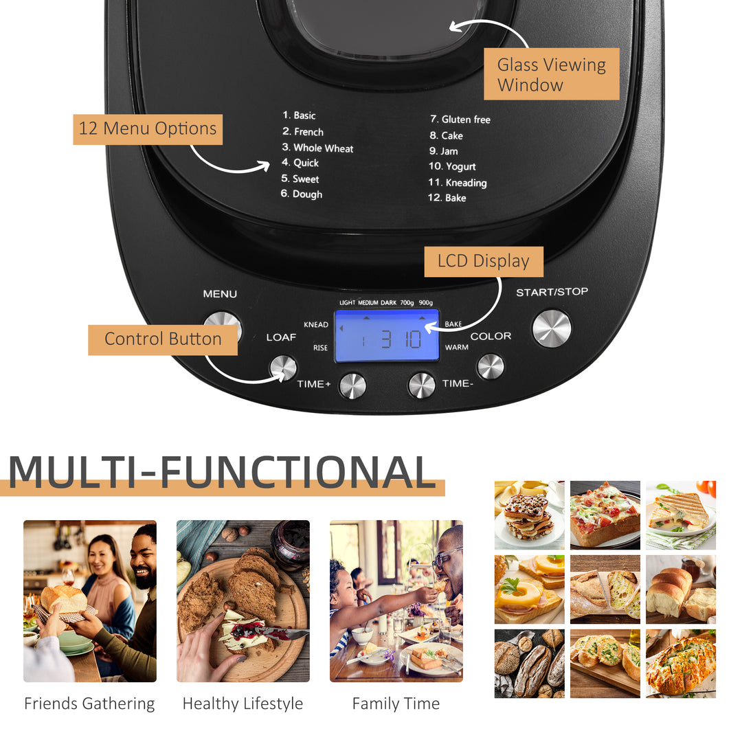 Digital Bread Maker 550W 12-in-1 Programmed Bread Machine with 13-Hour Delay Timer 60 Minutes Keep Warm Function Non-stick Pan 3 Crust Colours