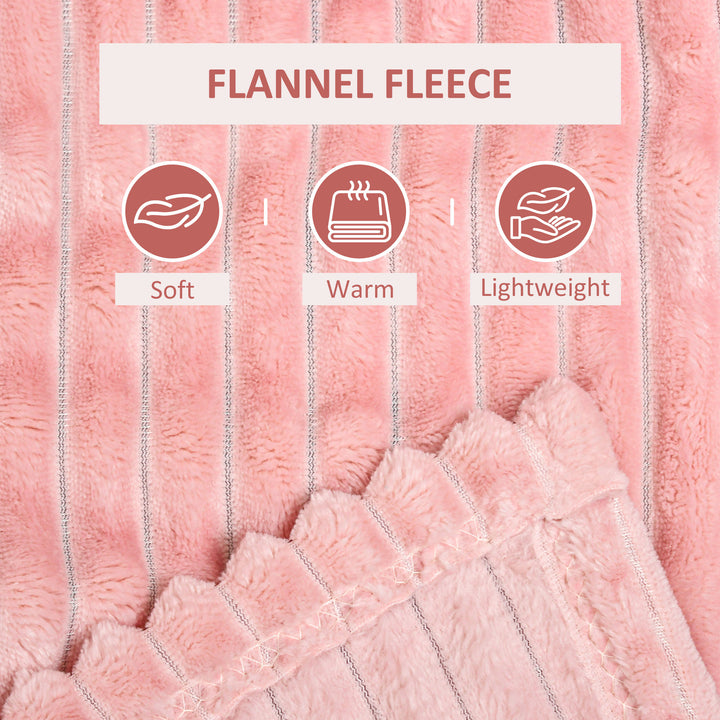 Flannel Fleece Throw Blanket, Fluffy Warm Throw Blanket, Striped Reversible Travel Bedspread, Single Size, 152 x 128cm, Pink