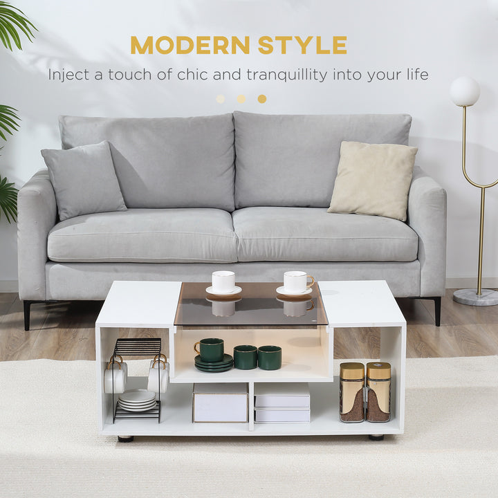 HOMCOM Modern Coffee Table with Tempered Glass Top, Cocktail Table with 3-Tier Storage Shelves for Living Room, White