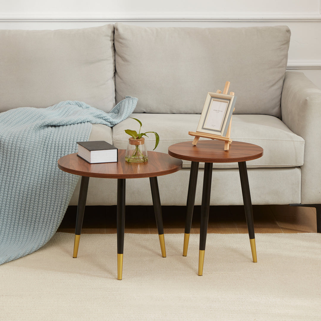 Nest of Tables, Round Coffee Tables Set of 2 with Steel Frame for Living Room Bedroom, Walnut brown