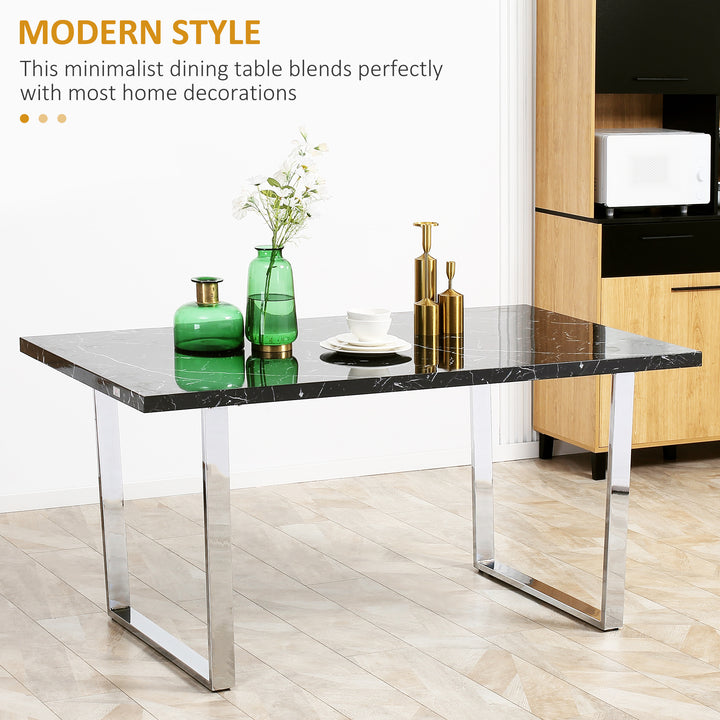 Modern Dining Room Table Rectangular Kitchen Table for 6-8 People with Marble Effect Tabletop Steel Legs 155 cm Black