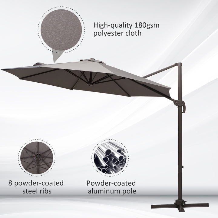 3M Roma Umbrella Sun Shade Cantilever Hanging Parasol w/ Cross Base Hand Crank Aluminium Frame 360°Rotation - Grey