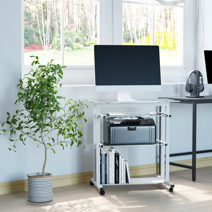 Computer Desk Glass Table Workstation Laptop pc desk mobile  with wheels White