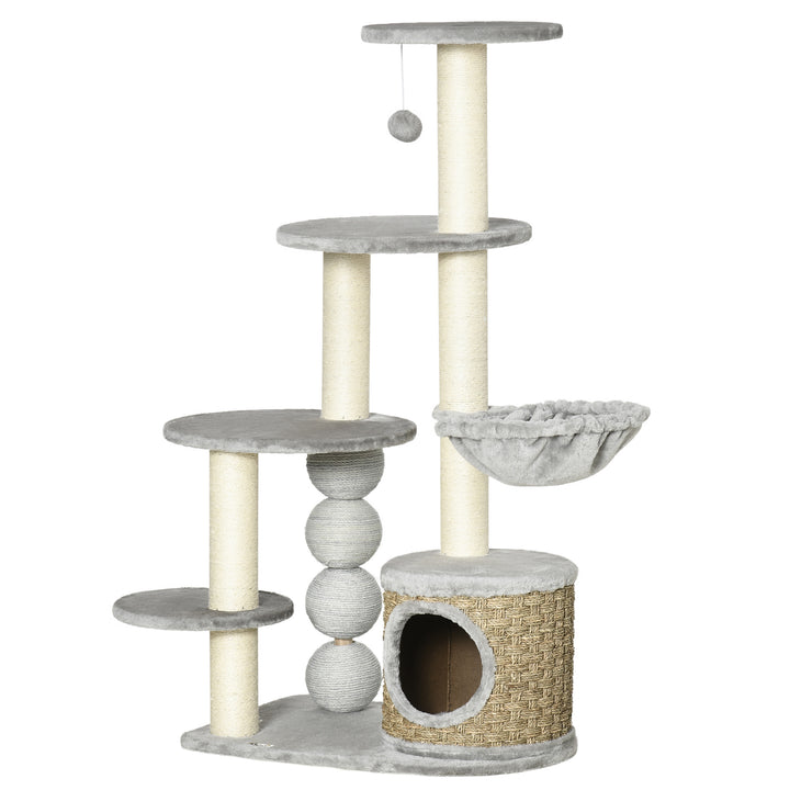 Cat Tree, 115cm Cat Climbing Tower, kitten Activity Centre with Fluffy House and Hammock, Jute Scratching Post and Hanging Ball, Light Grey