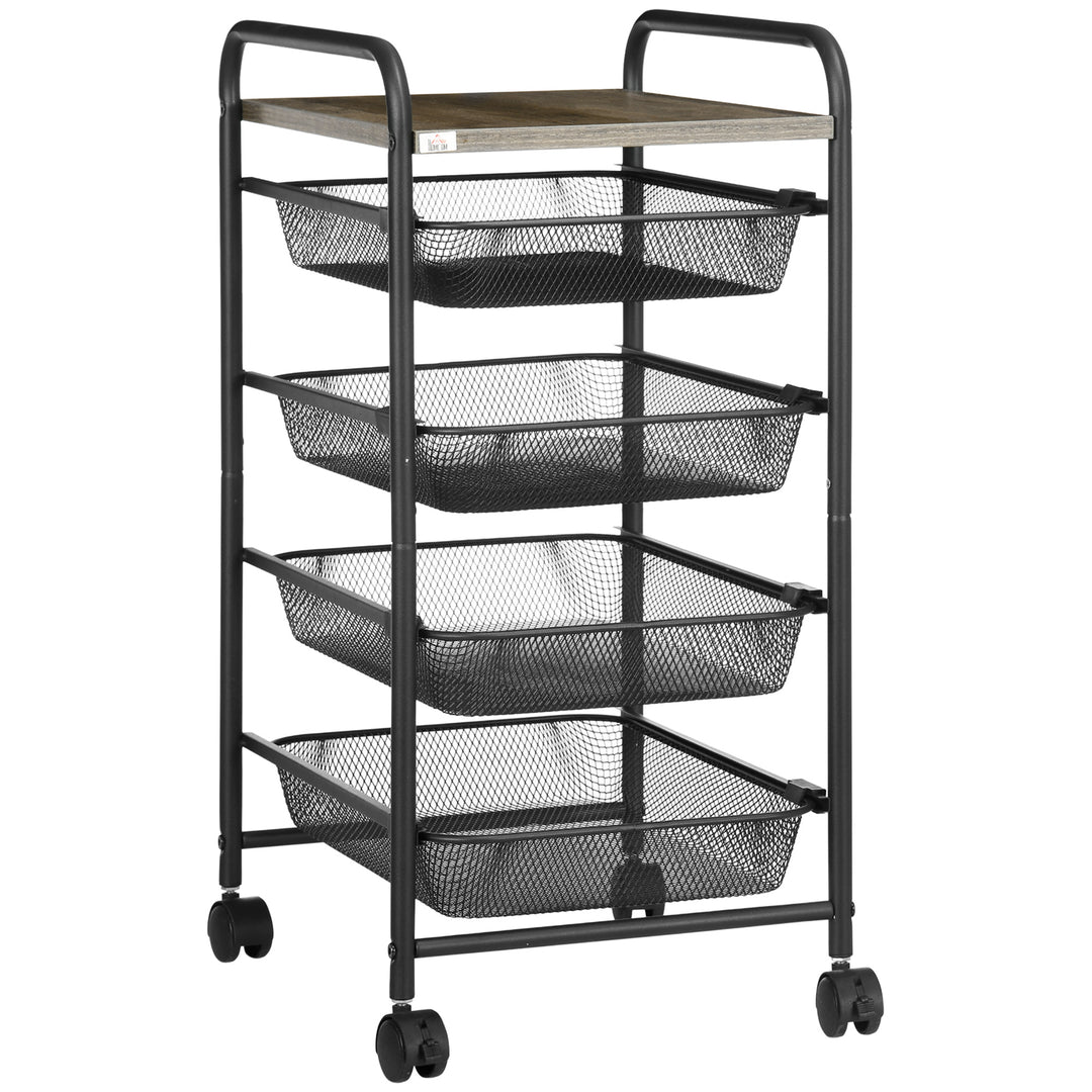 Storage Trolley on Wheels, Rolling Utility Serving Cart with 4 Mesh Trays for Living Room, Kitchen, Black