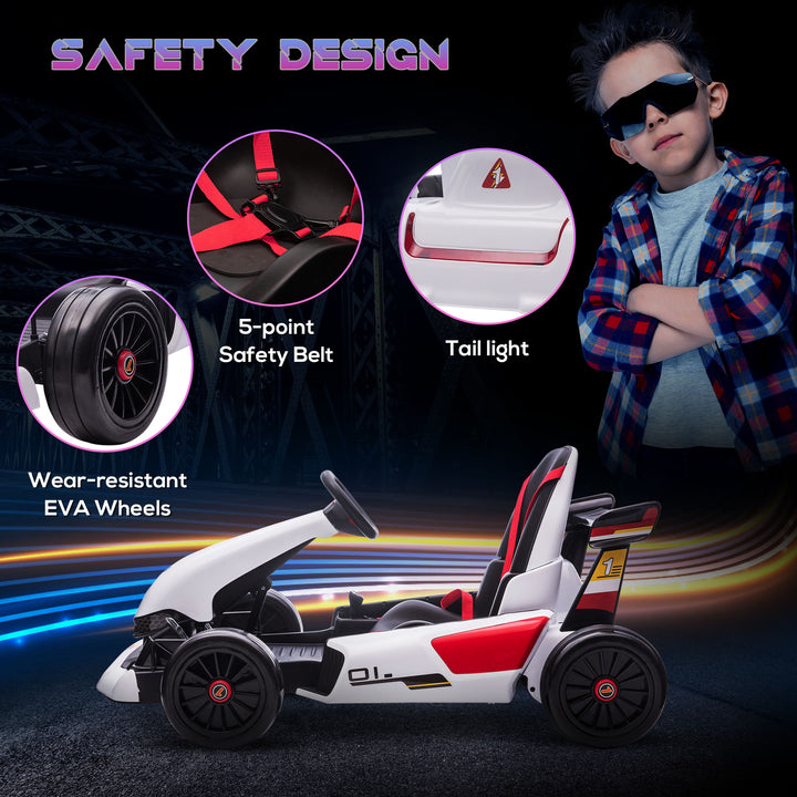 Electric Go Kart with Adjustable Footrest, Reversing Steering Wheel, Kids Ride-On Racing Go Kart with 12V Rechargeable Battery 2 Speeds White