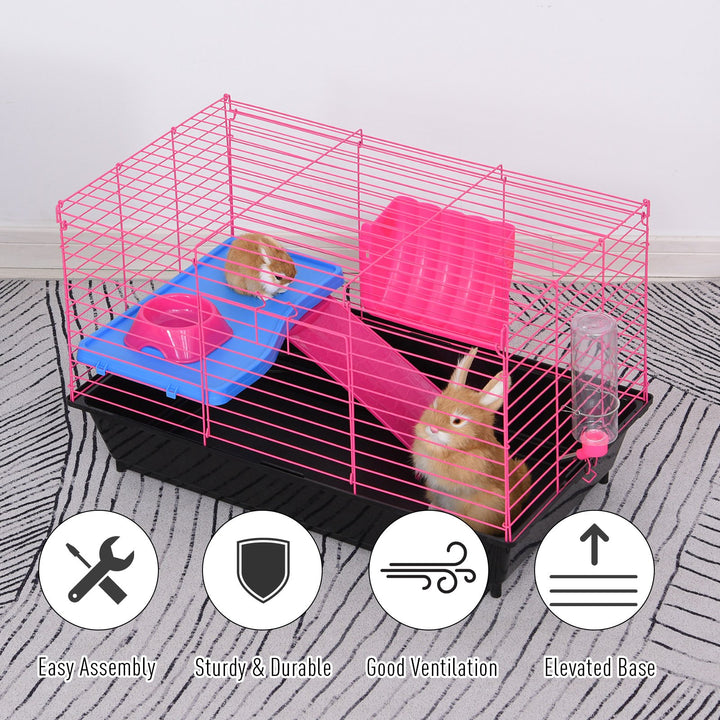 PawHut Dwarf Hamster Metal Cage w/ Tunnels Water Bottle Food Dish Pink