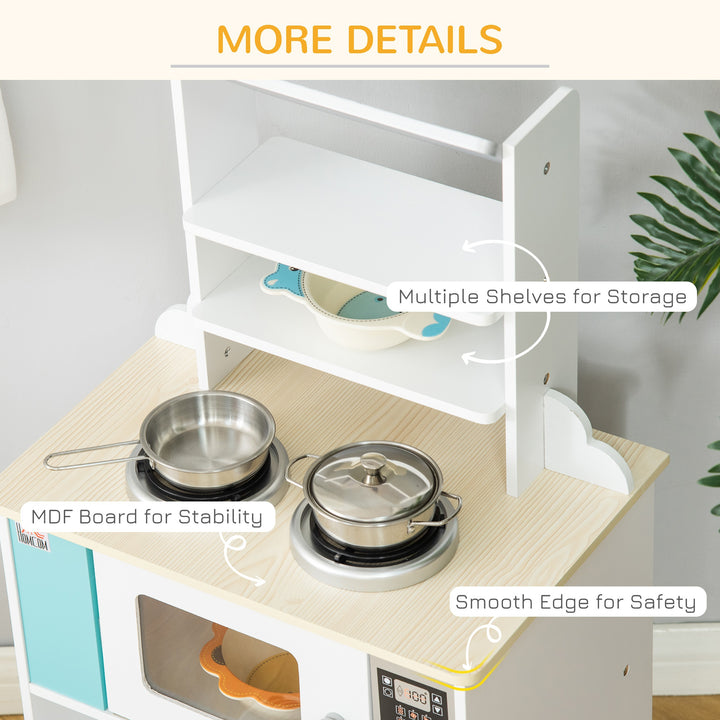 HOMCOM Kids Kitchen Play Cooking Toy Set, Educational Pretend Role Playset Game, Multiple Storage, Cooking Bench, Pots, Storage Basket, Nature Wood
